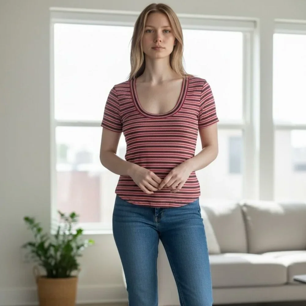 Madewell Striped Scoop Neck Tee | Short Sleeve | Size L - Picture 2 of 6